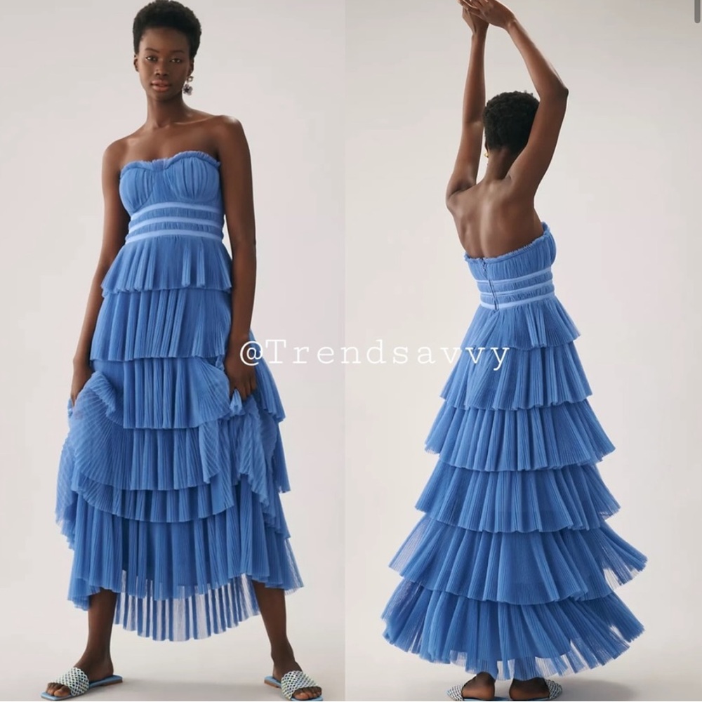 ANTHROPOLOGIE Hutch Strapless Tiered Tulle Dress Blue Size 6 NWT